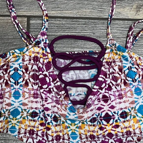 NWT Hula Honey Flounce Bikini Top Junior's Size Small Wine Multi Print Lace Up - Picture 11 of 11